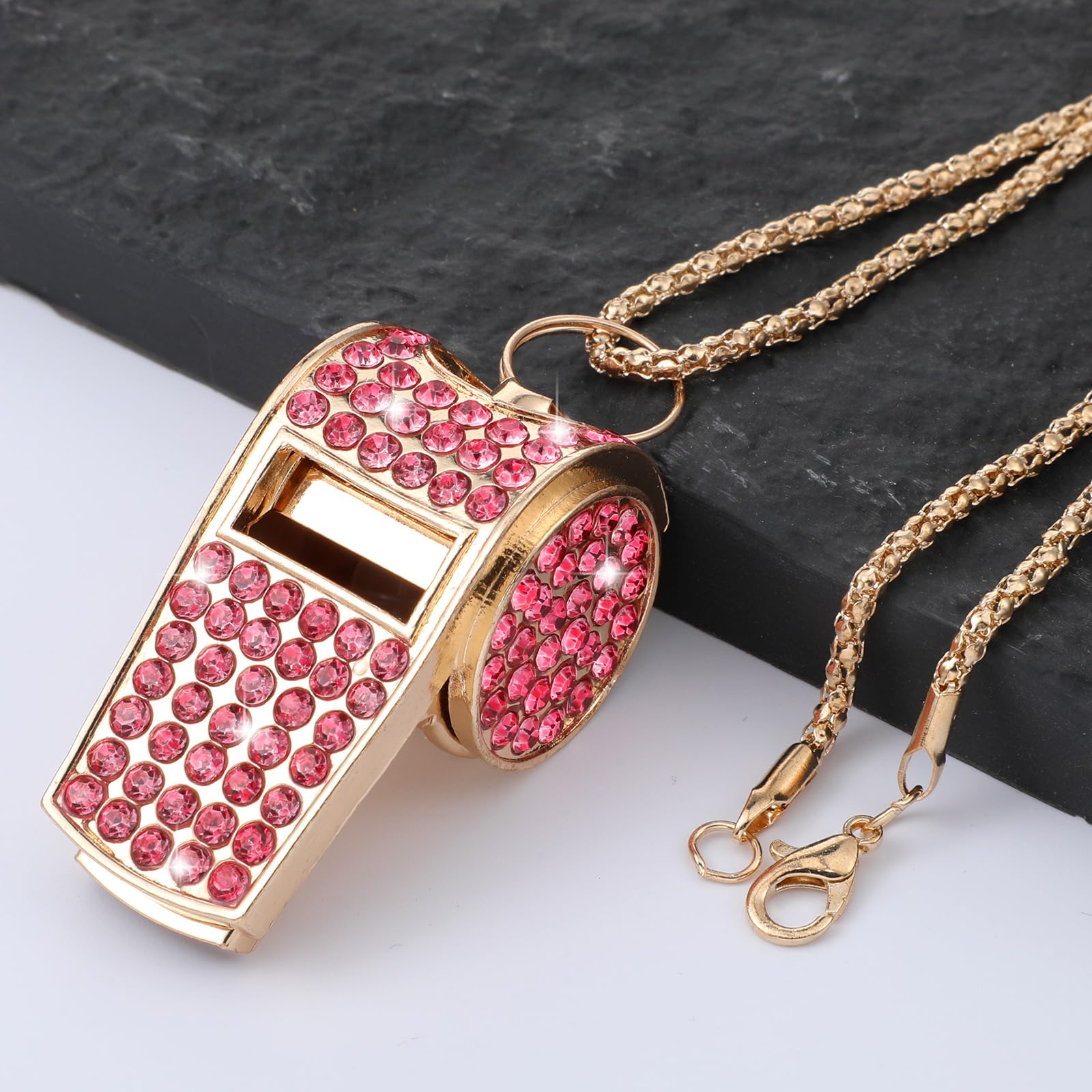 Silbato de metal con diamantes de imitación dorados, silbato de diamantes de imitación con cadena para entrenador, árbitro, baloncesto, profesores