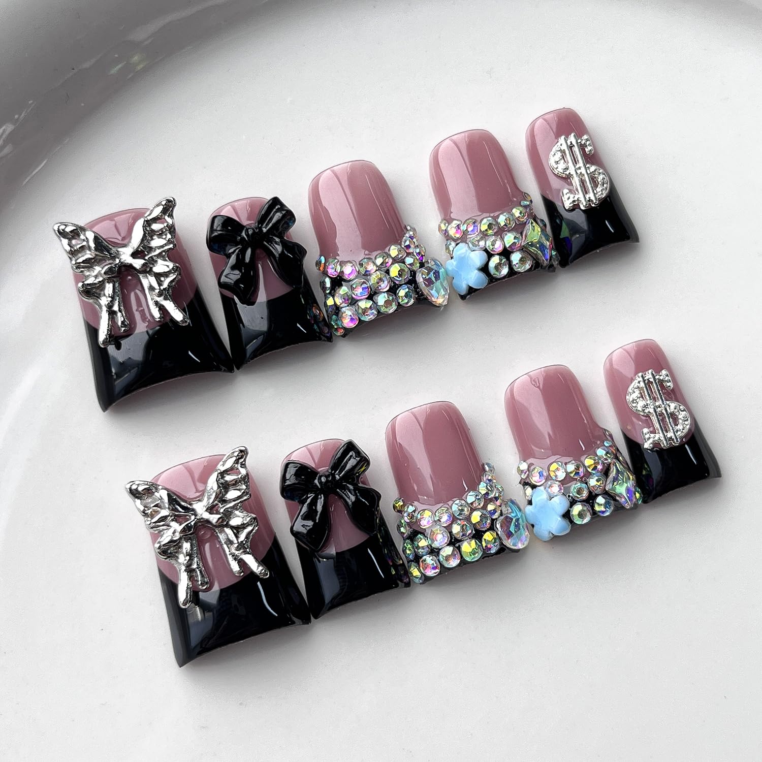 French Tip Press on Nails - Handmade 3D Flower Design