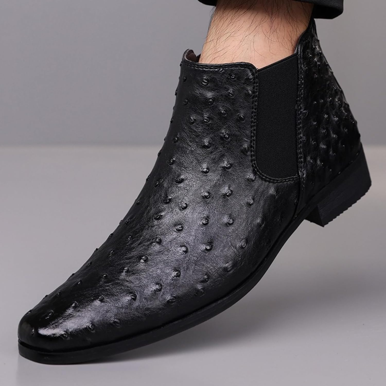 Men's Ostrich Patent Leather Pull-On Chelsea Boots Square Toe Low Heel Elastic Comfortable Soft Non-Slip Breathable Lightweight Casual Ankle Boots For Walking Driving Office Party Activities - Image 6