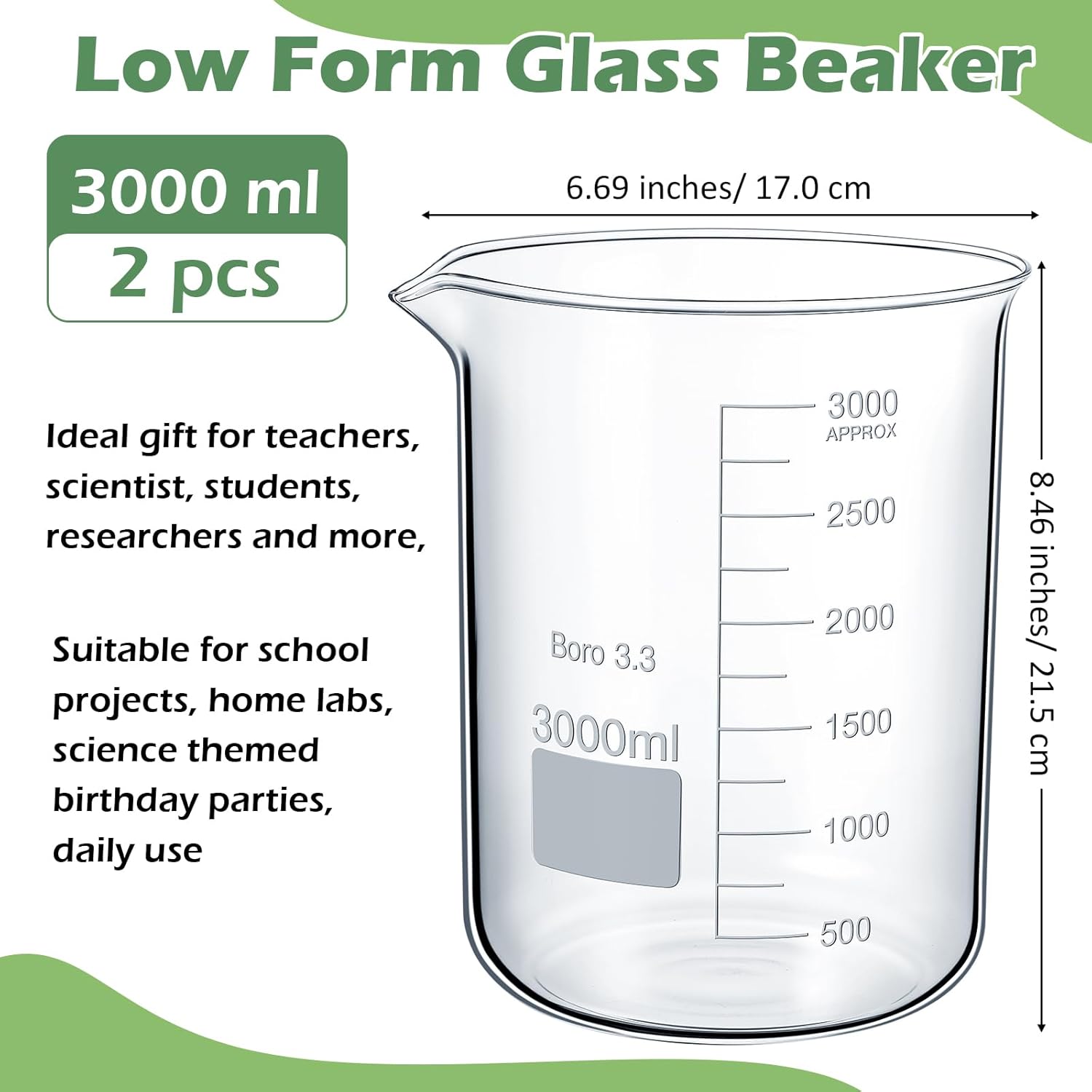 Relaxweex 2 Pcs 3000ml Beaker 3.3 Borosilicate Glass Beakers Lab Beakers Griffin Low Form Beaker Measuring Cups with Scale Graduation for Laboratory School Projects Science Themed Party Daily Use