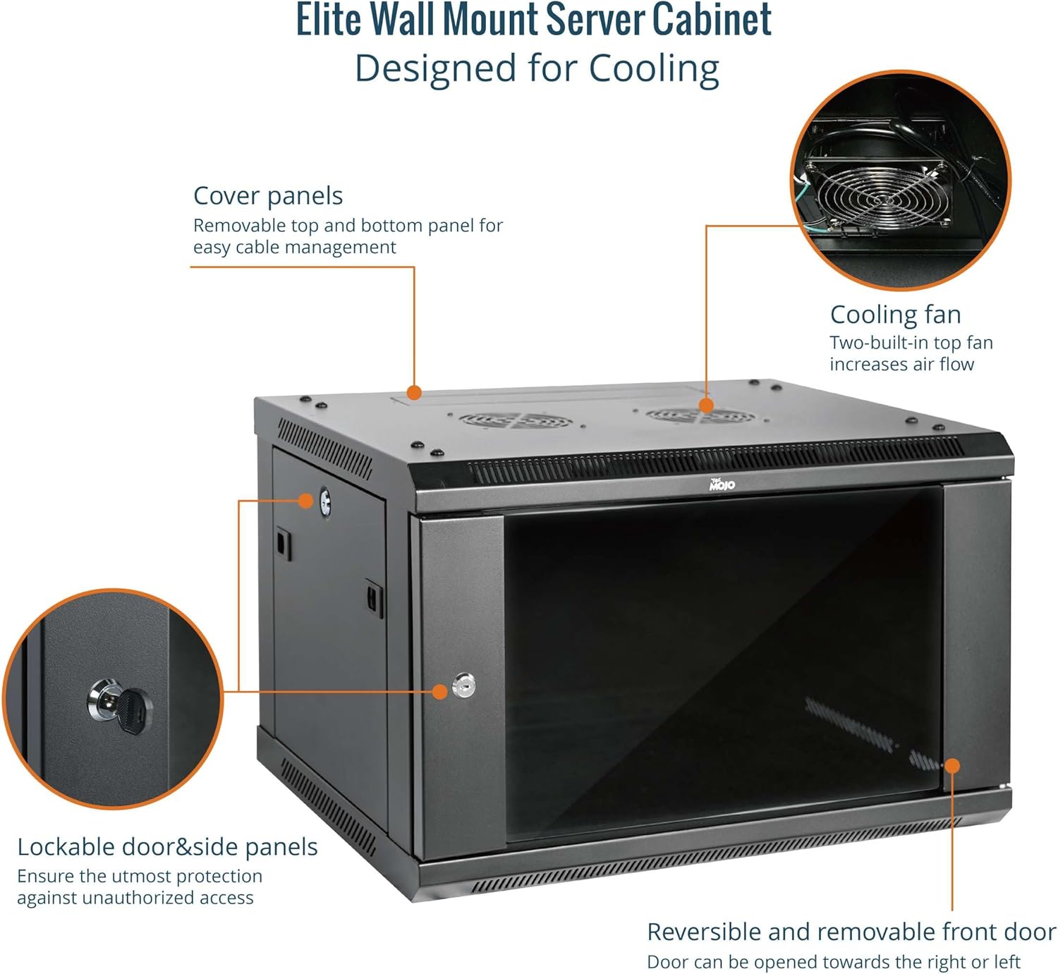 Image highlighting the cooling features and security aspects of the Tecmojo Elite Wall Mount Server Cabinet, showing two built-in top fans, lockable door and side panels, and removable top and bottom cover panels for cable management.