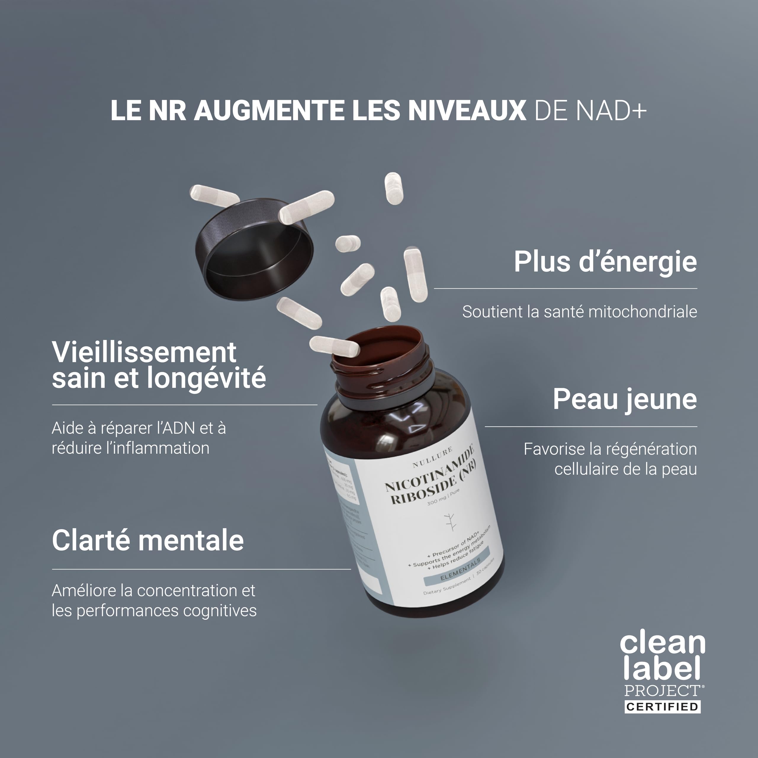 Nullure Nicotinamide Riboside (NR) 300mg | Sans stéarate de magnésium et sans additifs | Précurseur de la NAD+ | 300mg Testé en laboratoire allemand | Vegan | Antifatigue · Anti-âge | 90 gélules