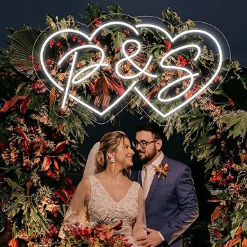 Custom Initials Double Heart LED Neon Sign Minimalist Wedding Initials Neon Light Engagement Party Backdrop Wedding Gifts for Couple