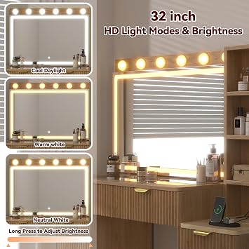 43 Fluted Makeup Vanity Desk with 32 Mirror and Lights, Modern Glass Top Large Vanity Table with 5 Drawers and 2 Storage Cabinets, Dressing Table Set with Charging Station for Bedroom-Gold