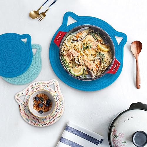 Miniatura 6 de Juego de salvamanteles de algodón de 7 pulgadas, 3 piezas de bonitos soportes para ollas de gato tejidos, almohadillas gruesas, resistentes al calor