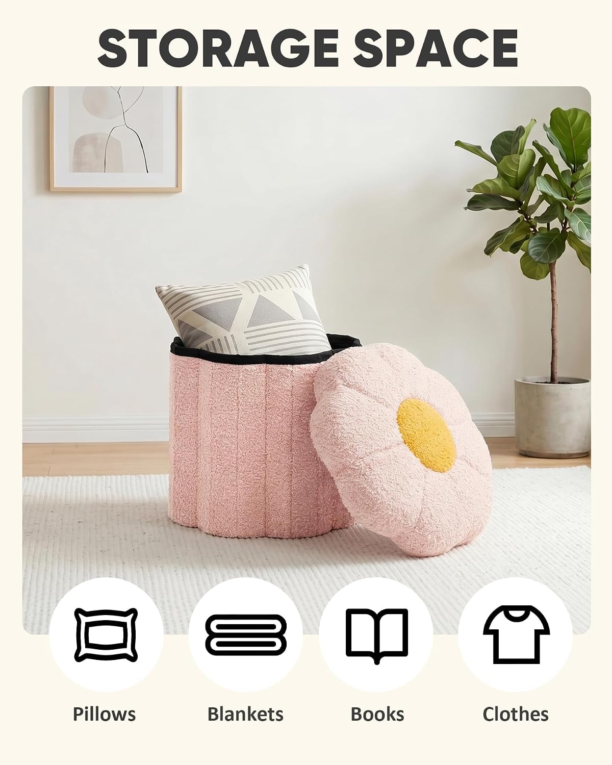 PINPLUS Flower Ottoman Footstool, Foldable Boucle Storage Stool, Cute Daisy Design, Teddy Sherpa Round Seat Small Foot Rest for Living Room Bedroom Dorm 12 Inches Pink