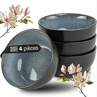 Moritz & Moritz VIDA 4x Bols Soupe Miso - 12 cm Ø - Service de Table Japonais en Céramique et Bois de Santal pour la Soupe Miso, les Sauces et les Snacks - Bol Japonais