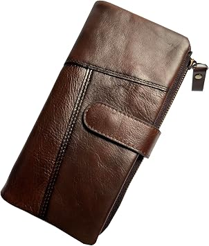 LUKZIJAES Vintage Long Wallet for Men Genuine Leather Zipper RFID Blocking Card Holder with Coin Pocket Mens Clutch Purse #4-Coffee