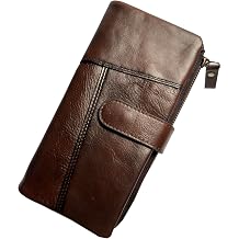 LUKZIJAES Vintage Long Wallet for Men Genuine Leather Zipper RFID Blocking Card Holder with Coin Pocket Mens Clutch Purse #4-Coffee