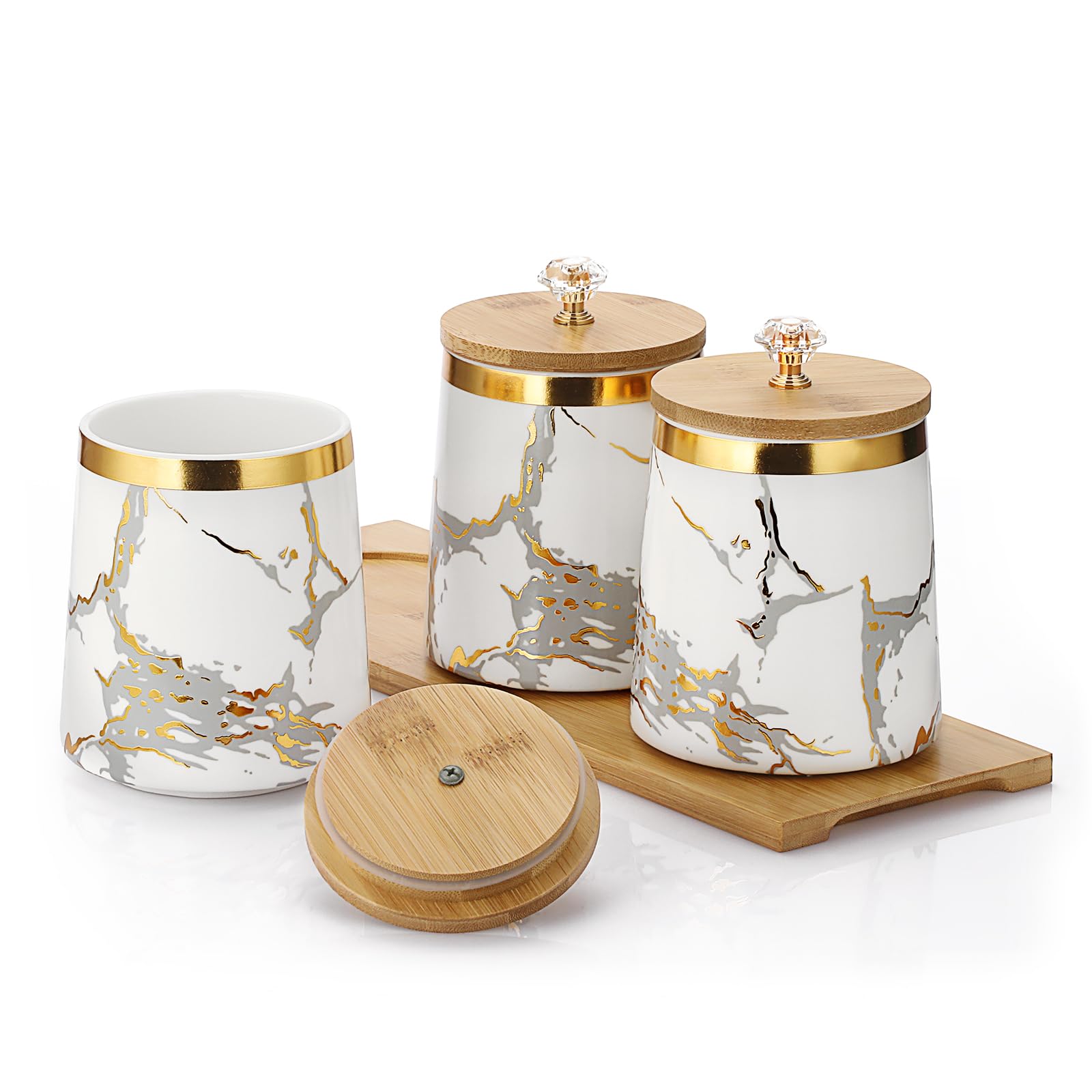 BTSKY Recipiente de cerámica blanca con tapa de madera y bandeja, 3 recipientes herméticos de almacenamiento de alimentos para café, té, azúcar, tarros de almacenamiento con tapa de madera y mango de