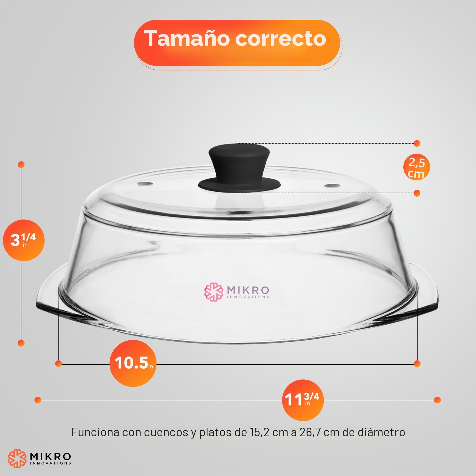 Cubierta alta de vidrio para salpicaduras de microondas | Tapa de vidrio transparente resistente 100% apta para alimentos, sin BPA, con mango de silicona de fácil agarre | Vidrio resistente para mayor