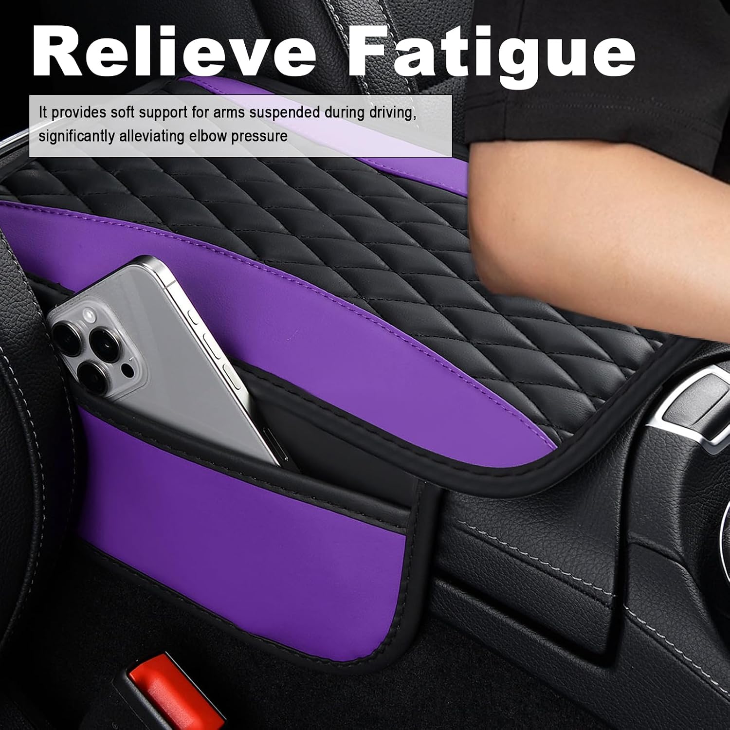 Patchwork Leather Car Center Console Cover with Side Pocket,Arm Rest Cover for Car Enhanced Comfort & Protection,2026 Upgraded Middle Console Covers Fit for Most Vehicles (Purple)