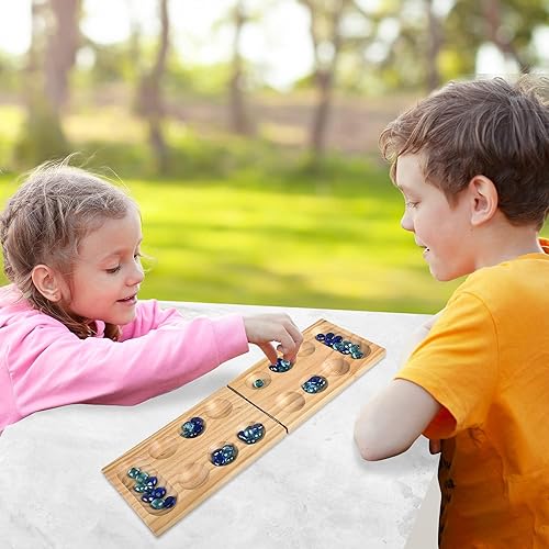 Miniatura 7 de Gamie Juego de mesa de madera de Mancala - Mancala plegable con 48 piedras de colores - Juegos clásicos de 2 jugadores para adultos y niños con
