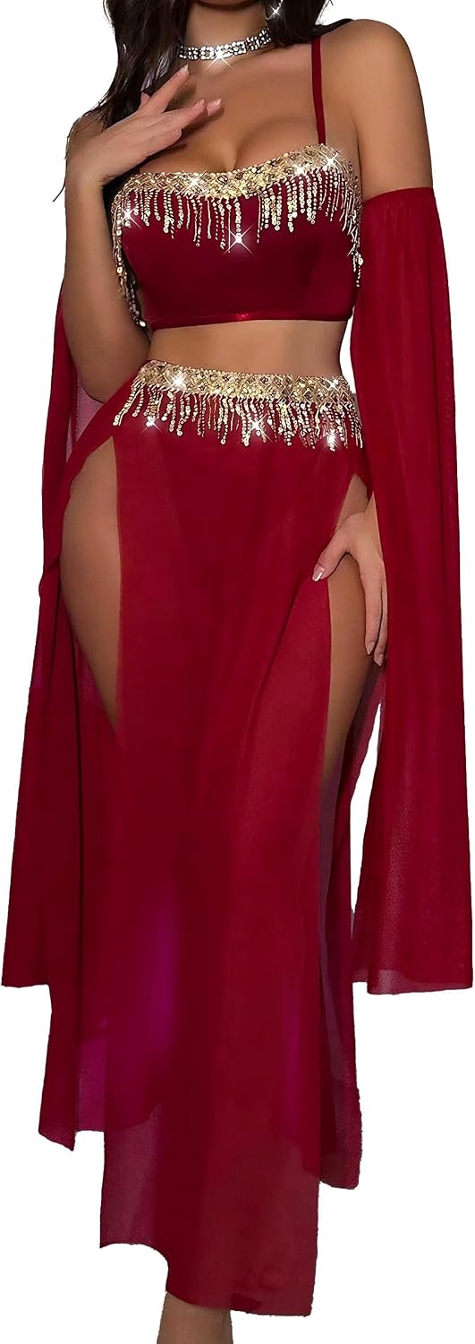 FEOYA Women's Sexy Exotic Belly Dancer Costume Mesh Slit Skirt Thong Long Sleeve Tassel Crop Top Roleplay Lingerie Set