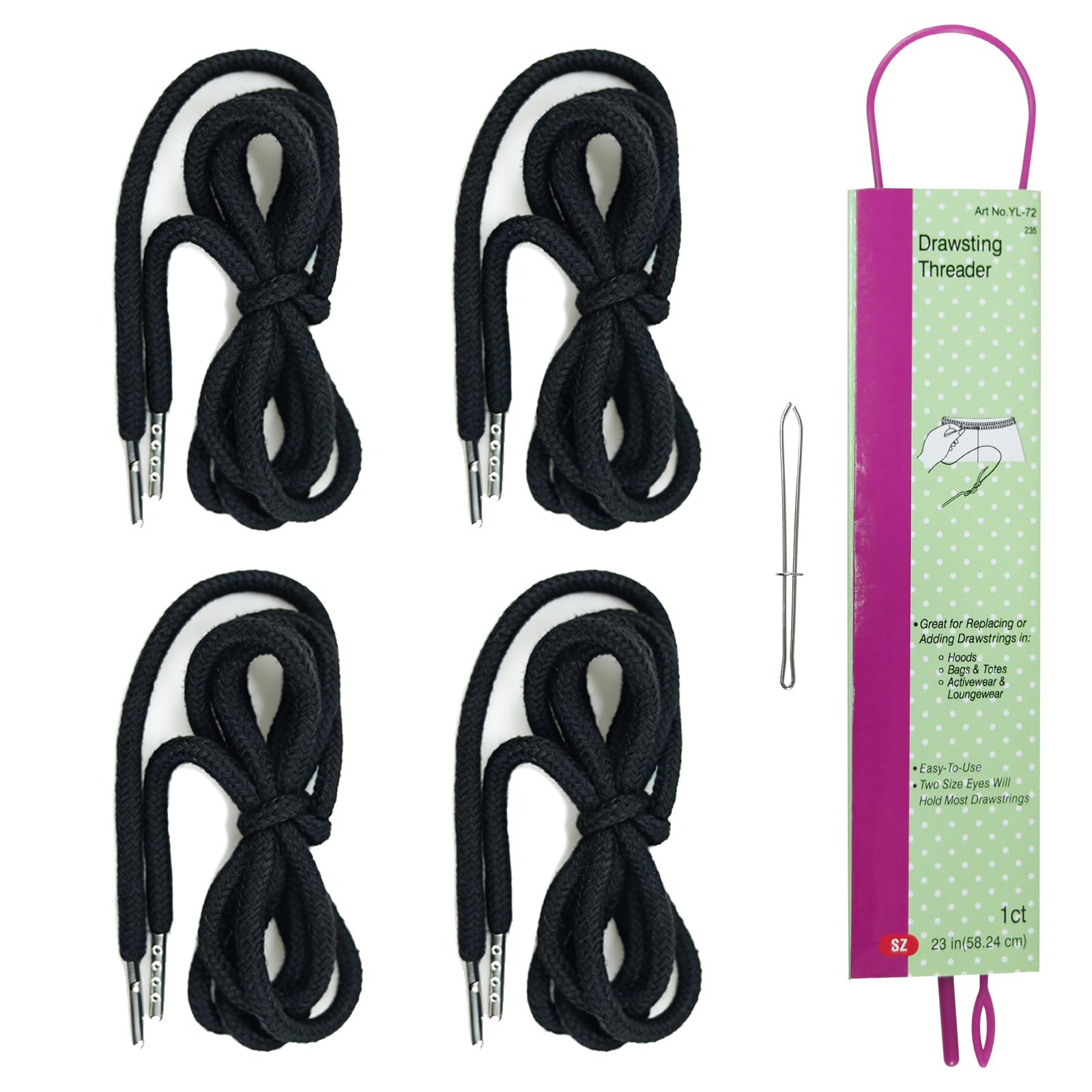 Hoodie Drawstring Replacement String Cord: YZSFIRM 4 Pcs Pants Drawstrings for Sweatpants Shorts - 51 inch Long Black Draw Strings with 2 Threader Tool