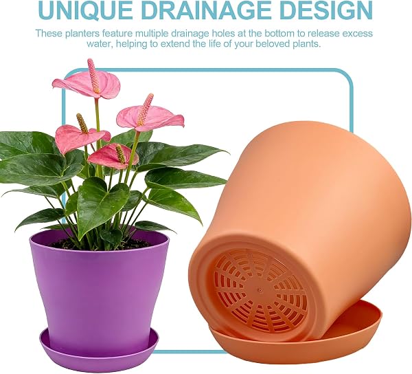 8 Pack Plastic Plant Pots 14cm/5.5-in Flower Pots with Drainage Holes and Tray Modern Decorative Planter Pot Indoor Outdoor Planters for All House Plants(8 Colour) - 4