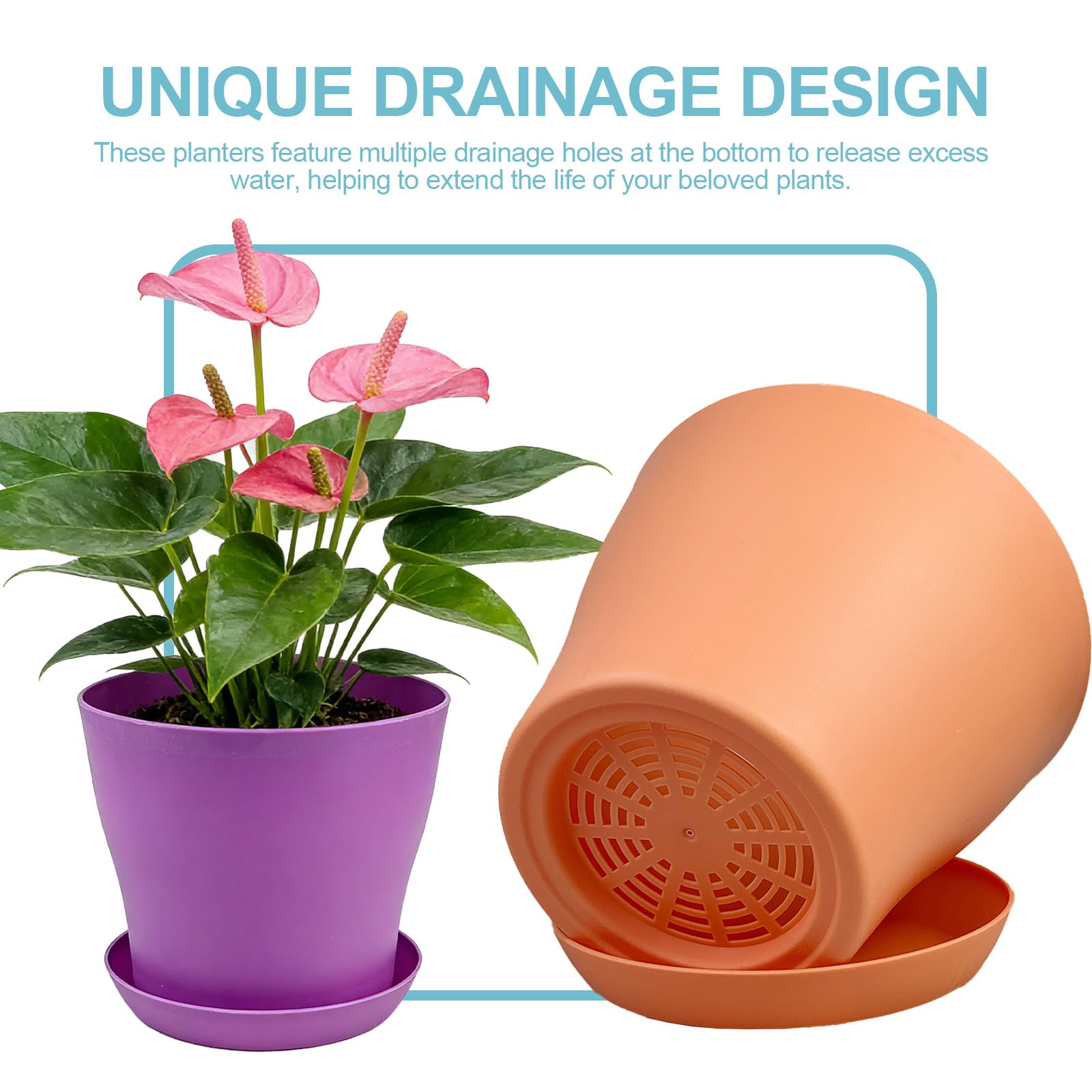 8 Pack Plastic Plant Pots 14cm/5.5-in Flower Pots with Drainage Holes and Tray Modern Decorative Planter Pot Indoor Outdoor Planters for All House Plants(8 Colour) - 5