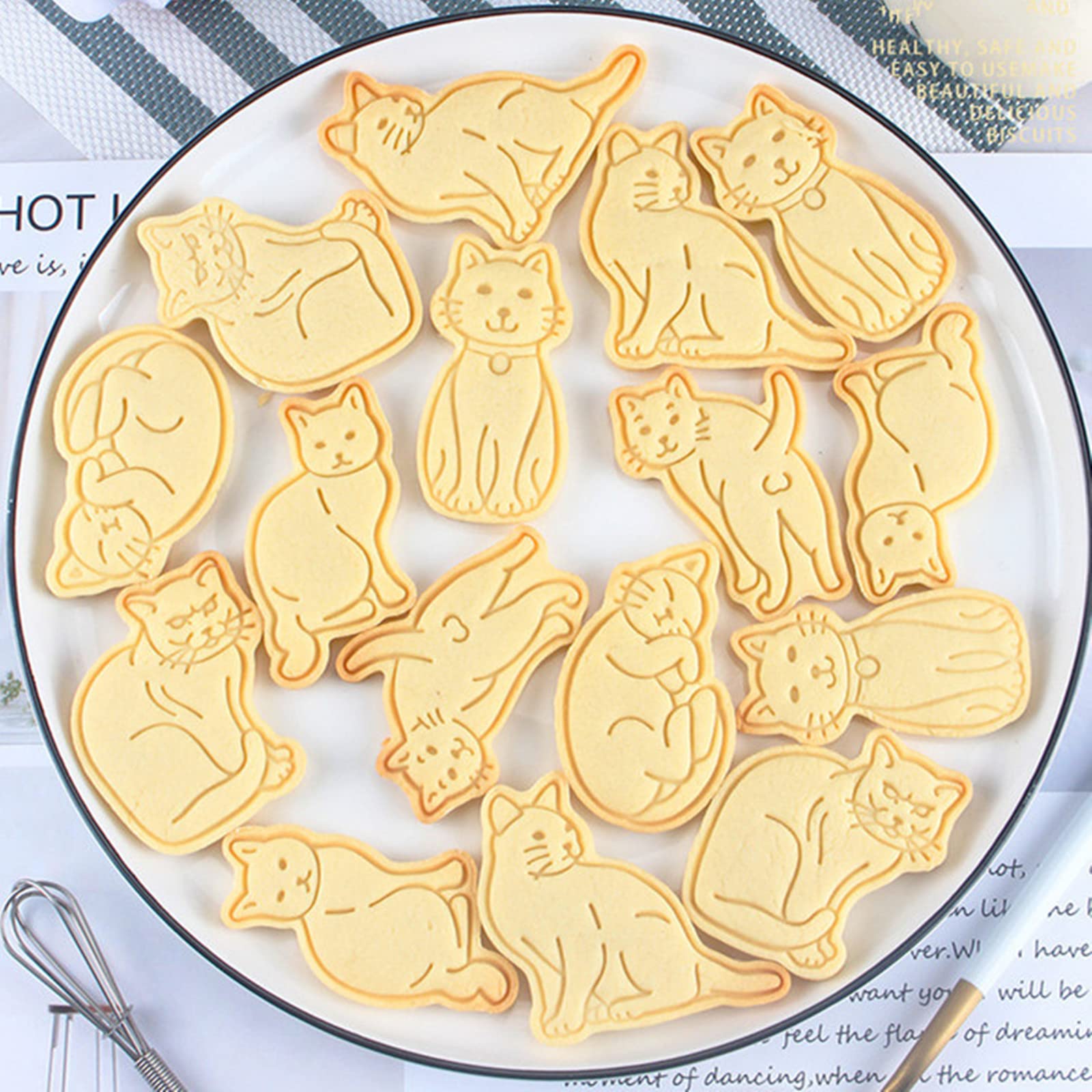Juego de cortadores de galletas con sello de gato 3D, 6 cortadores de galletas de estampado de gatos, plástico de grado alimenticio, estampado directo, juego de sellos de fondant, juego de cortadores