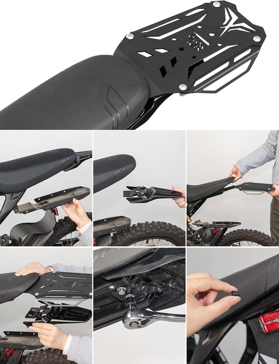 KEMIMOTO Mortorcycle Rear Rack Luggage Carrier Storage Compatible with Surron X Light Bee x260 and x160 Segway Electric Dirt Bike Tail, Capacity Up to 12 Lbs, Black