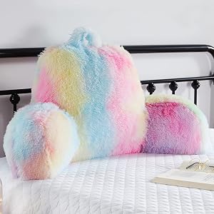 Faux Fur Backrest Pillow for Kids, Teen Reading Pillow with Arms, Fluffy Back Support Pillow for Sitting Up in Bed/Couch, Bed Wedge Pillow for Girls, Reading & Bed Rest Pillows (Pink)