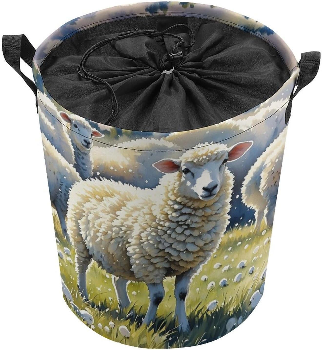 Sheeps Watercolor Laundry Bag Large Collapsible Laundry Baskets Freestanding Waterproof Clothes Hamper with Handles & Drawstring for Laundry Room Bedroom Bathroom