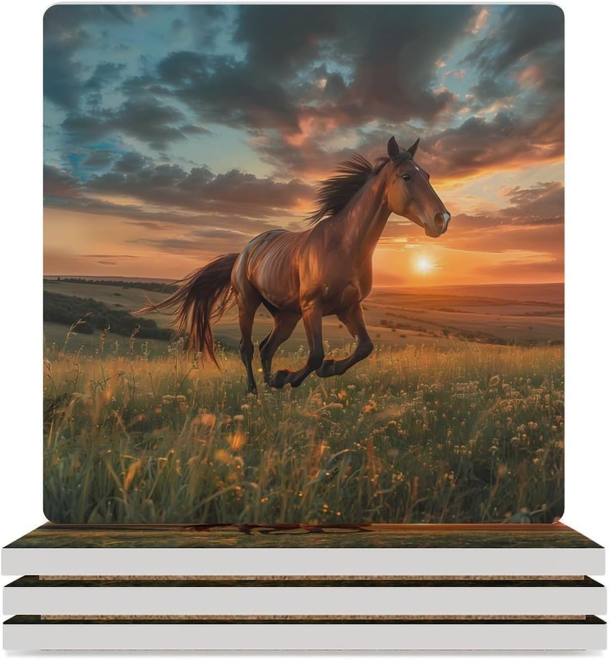 Horse Running on Grass Coaster for Drinks Square Ceramic Table Coasters Stone Mat Crafts 4PCS Home Kitchen Decor