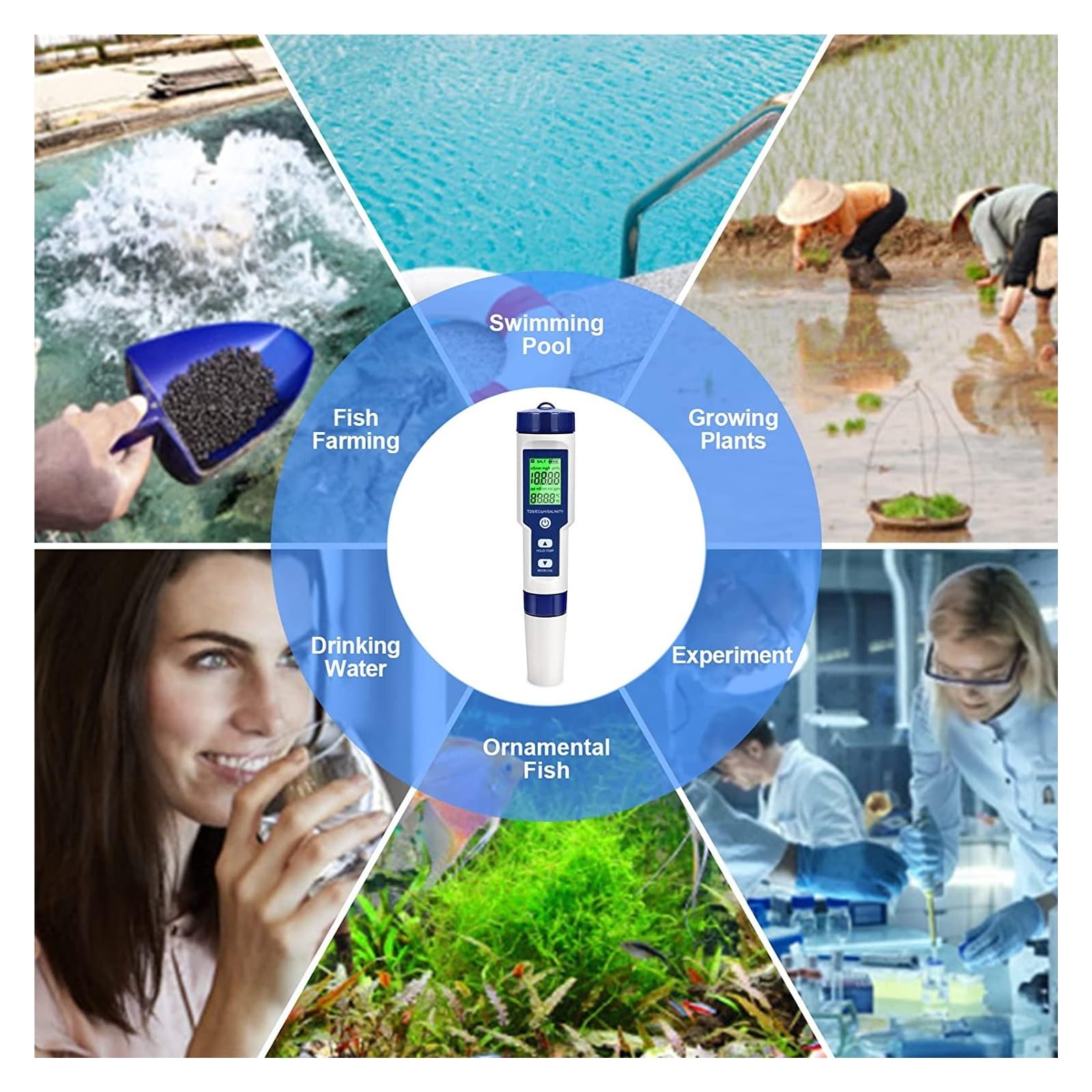 Testeur d'eau PH-mètre Numérique 5 en 1 Testeur De Qualité l'eau PH/TDS/EC/salinité/mètre Température for Aquarium, Spas, Eau Potable Polyvalent Précis Facile
