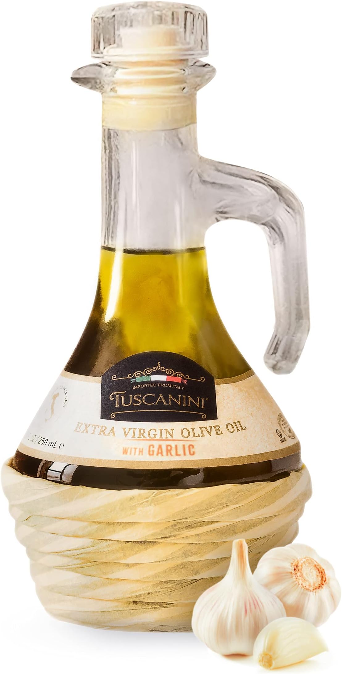Tuscanini Garlic Infused Extra Virgin Olive Oil 250mL, Imported from Italy, Cold-Pressed, Luxurious Taste, All Natural, Non GMO, Premium Extra Virgin Olive Oil with Garlic