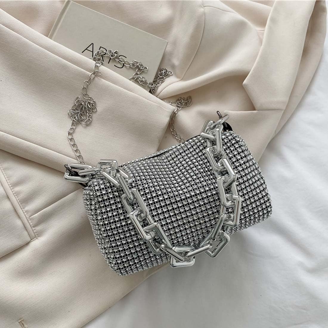 Pochette Da Sera Argento Con Strass E Tracolla A Catena – Borsa Scintillante Per Matrimonio E Feste, 22x16 Cm - 2