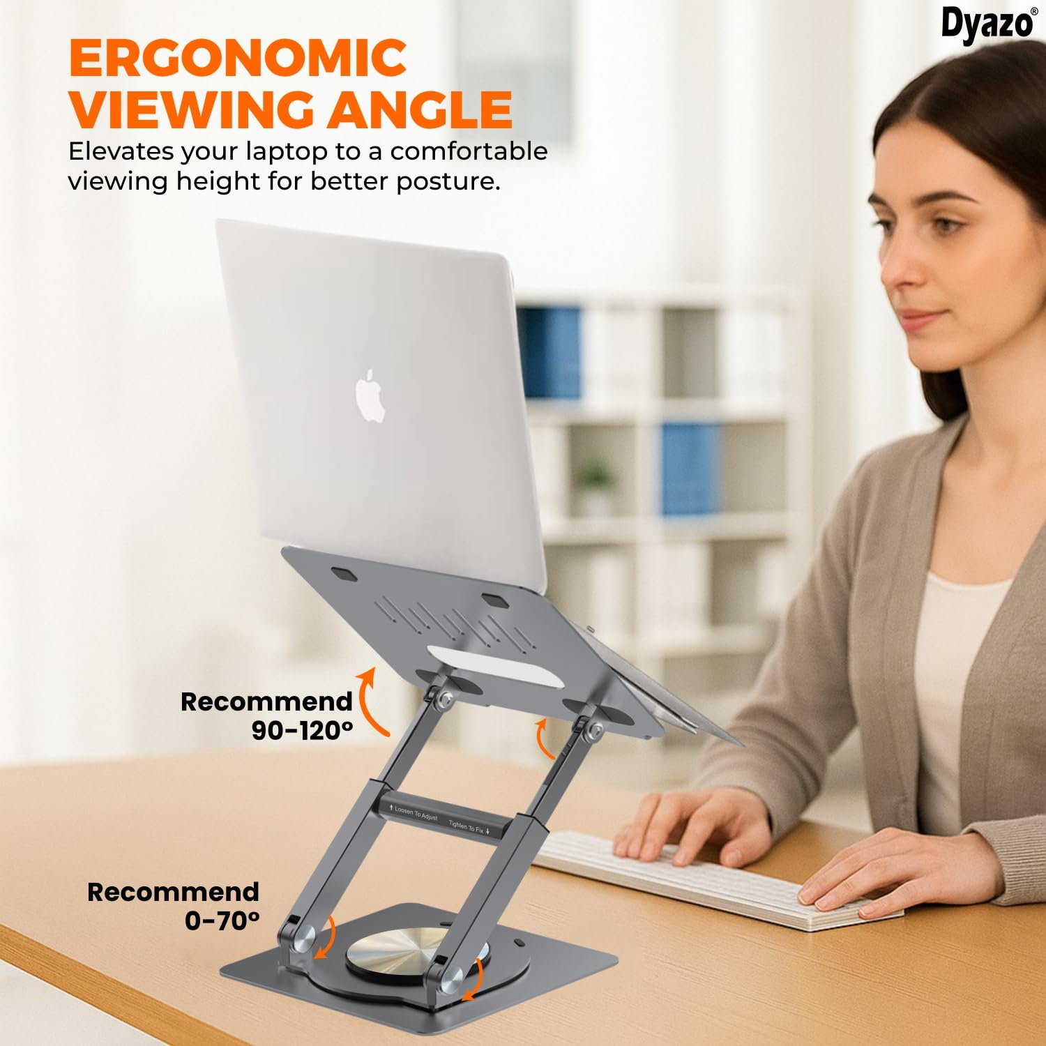 Dyazo 360° Rotating Laptop Stand | Height Adjustable & Foldable Riser with Swivel Base | Heat Vent & Anti-Slip Design | Laptop Holder for Desk & Standing Use | Fits Upto 15.6 Inch Laptops (Space Grey) 3