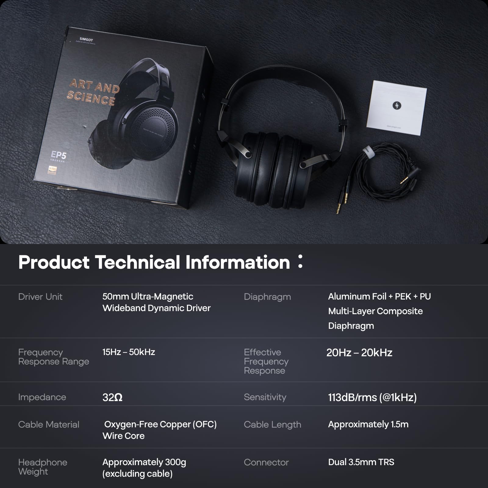 Linsoul SIMGOT EP5 Słuchawki nauszne, przetworniki ultramagnetyczne 50 mm, innowacyjny półotwarty monitor HiFi, odłączany kabel TRS 3,5 mm, lekki zestaw słuchawkowy do gier na PC/mobile