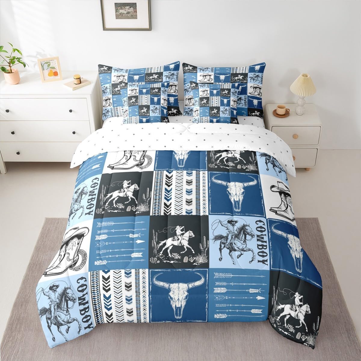 Manfei Western Cowboy Comforter Set 7 Pieces, Bull Skull Horse Arrow Print Bedding Full, Blue Lattice Patchwork Bed Set with 1 Comforter,1 Fitted Sheet,1 Flat Sheet,2 Pillowcases,2 Throw Pillow Cover