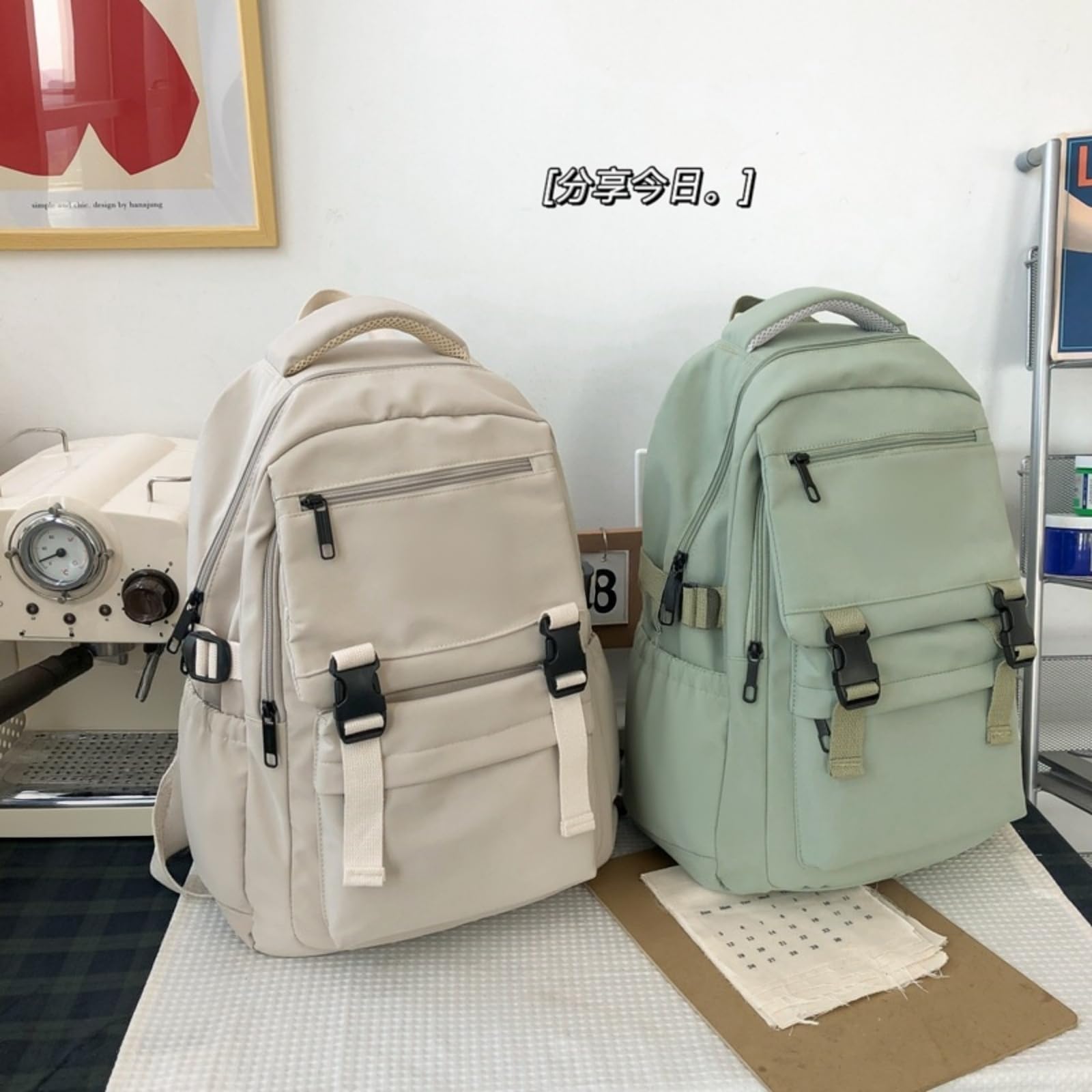 Zaino Solido Multi-Fibbia, Borsa da Viaggio Scolastica di Grande capacità per Ragazze Adolescenti Uso Giornaliero-Green