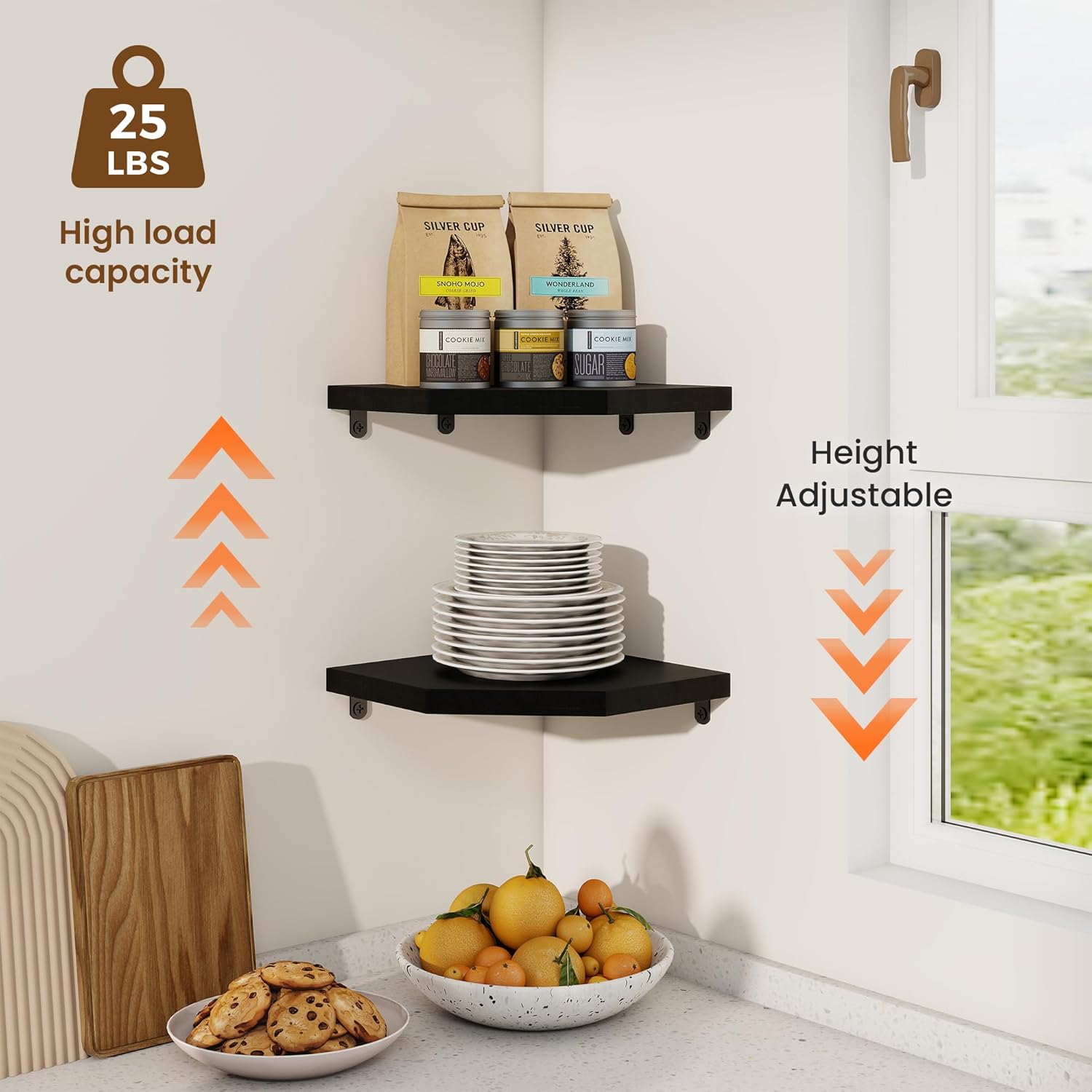Fun Memories Corner Shelf Wall Mount Set of 2 - Solid Oak Wood Floating Corner Shelf with Cable Hole, 8.5in Rustic Design for Bedroom, Living Room, Kitchen (Black)