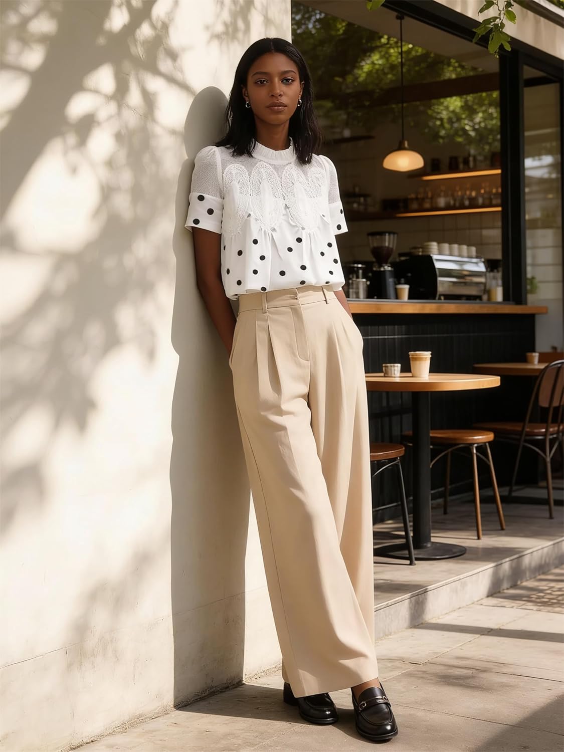 VAOYIU Women Lace-Detail Flared Blouse Short-Sleeve Crew Neck Flowy Mesh Swing Top Casual Dressy Shirt for Work Office