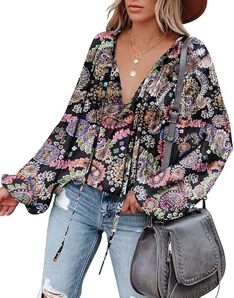 LAMISSCHE Womens Sexy Deep V Neck Blouse Bell Long Sleeve Satin Flowy Tops