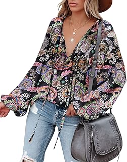Womens Sexy Deep V Neck Blouse Lantern Long Sleeve Chiffon Shirt Oversized Drawstring Silk Satin Tunic