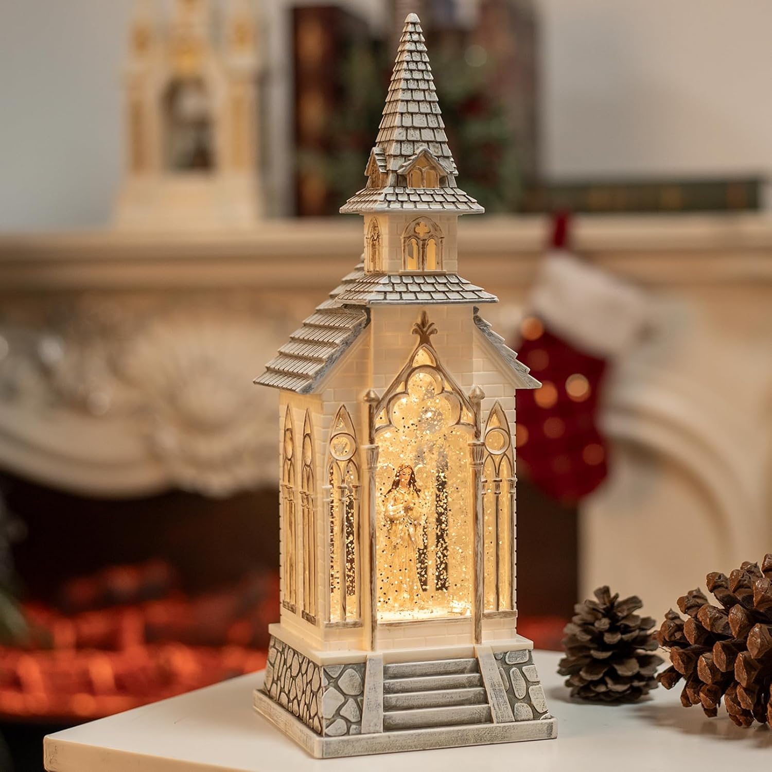 13Inch Christmas Snow Globes Churches Village Angel Musical Christmas Decorations Light Up Snow Globe Lantern 6H Timer Glitter Globe Decor Indoor