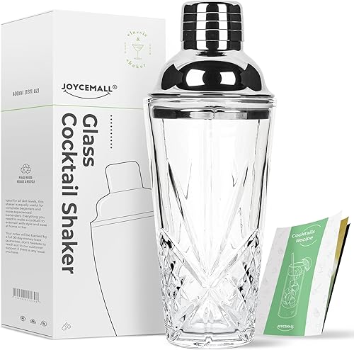 JOYCEMALL - Kit de coctelera de cristal, juego de 14.5 onzas con tapa de acero metálico a prueba de fugas y colador para uso doméstico y carrito de