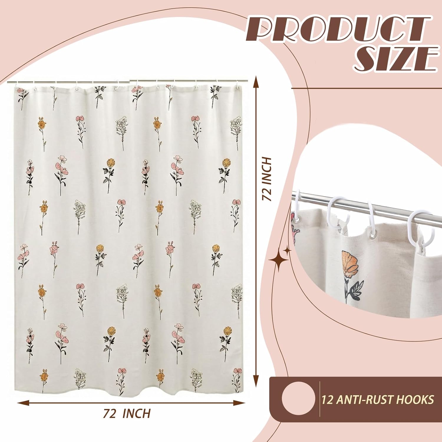 Tegeme Floral Linen Shower Curtain Vintage Cotton Linen Cottagecore Shower Curtain with Hooks Bathroom Decor for Cute Preppy Aesthetic Boho French Country Spring Housewarming Gift 72 x 72 Inch
