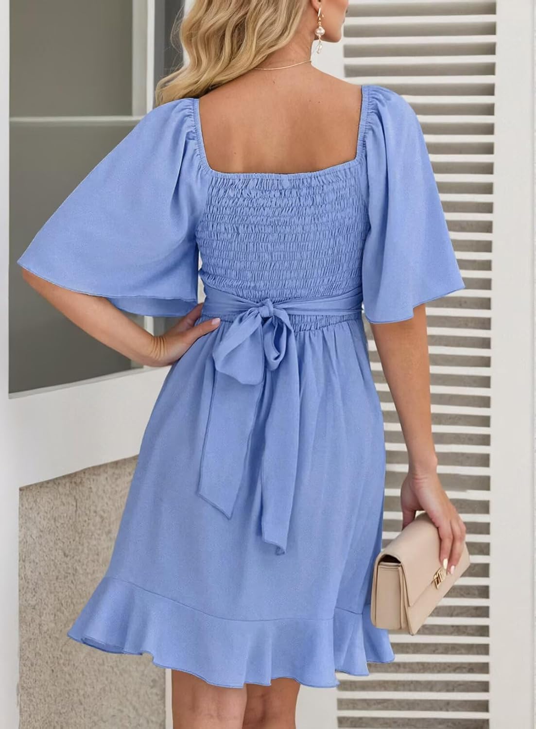 Dokotoo Women's Wrap V Neck Short Flared Sleeve Wedding Guest Dress Smocked Elastic Waist Tiered Belted Ruffle Hem Mini Dress - Image 2