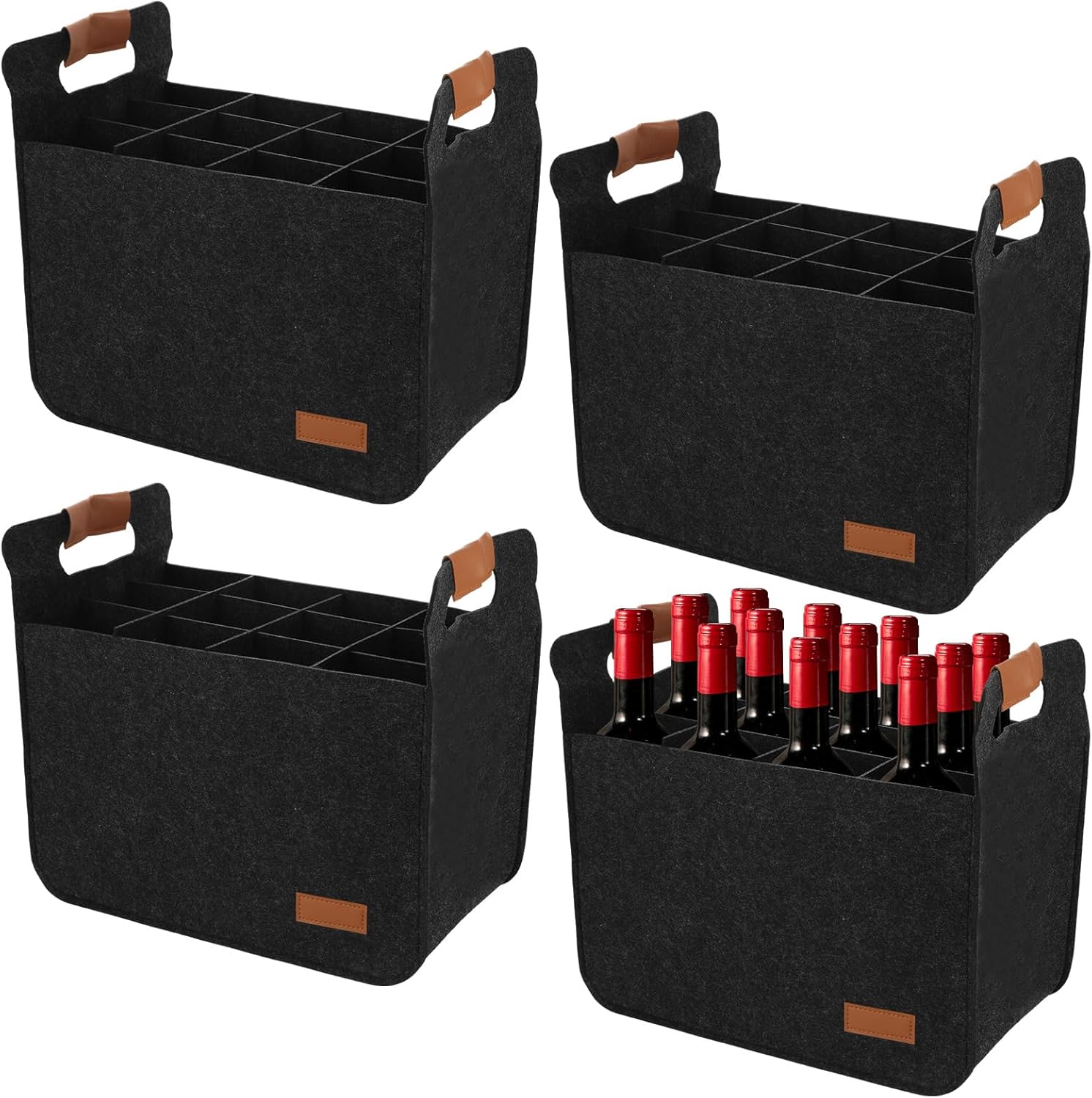 4 PCS 12 Bottle Wine Carrier Tote 14.6x12.6x8.7 Inch Wine Shipping Box 12 Bottles Liquor Bottle Storage Bag Black Wine Bottles Storage Bag for Party, Travel, Picnic