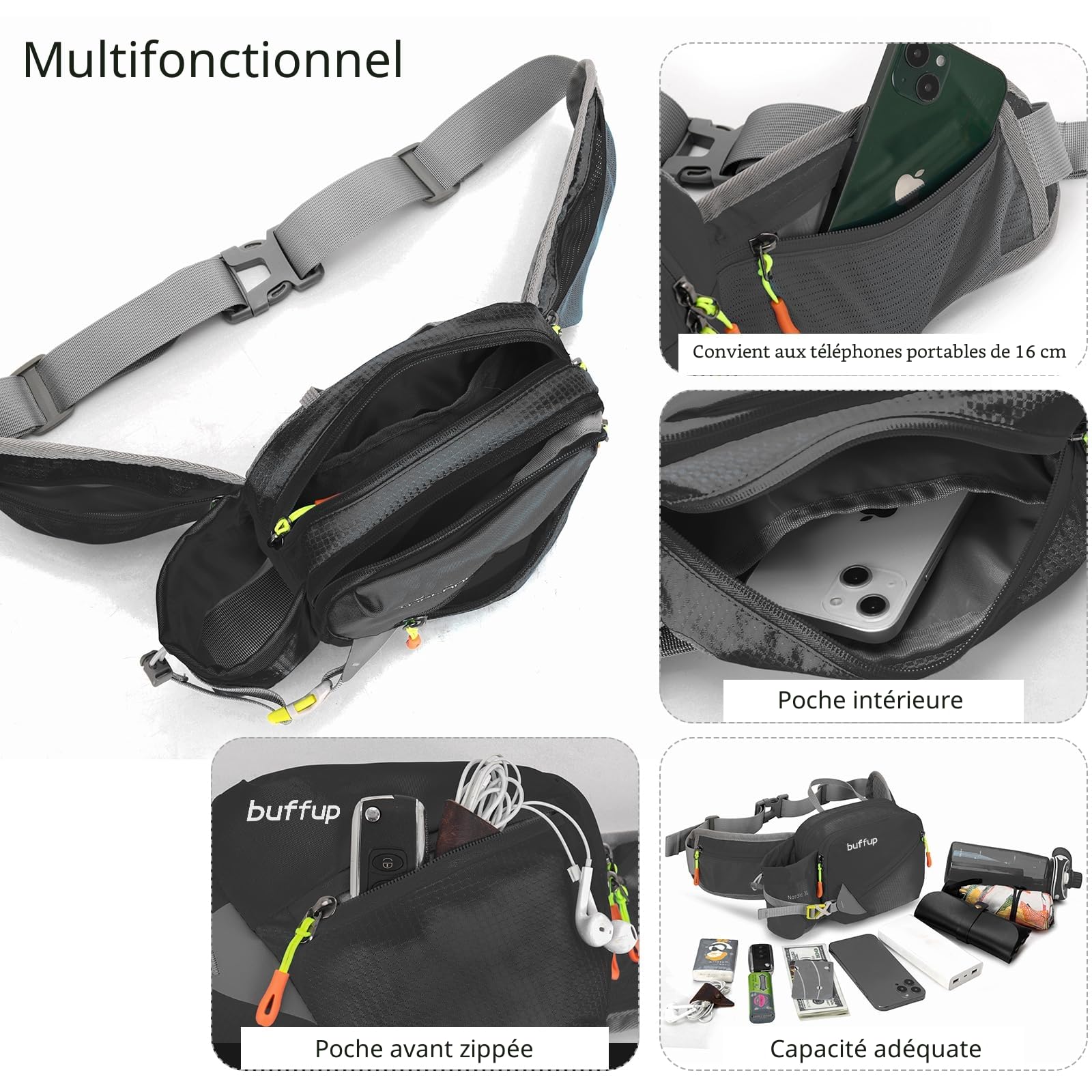 Sac Banane de randonnée Femme et Homme,Sacoche Banane de Sport Ceinture avec Pore Bouteille,Idéal pour la Course à Pied,Le vélo,Le Voyage(Noir :)