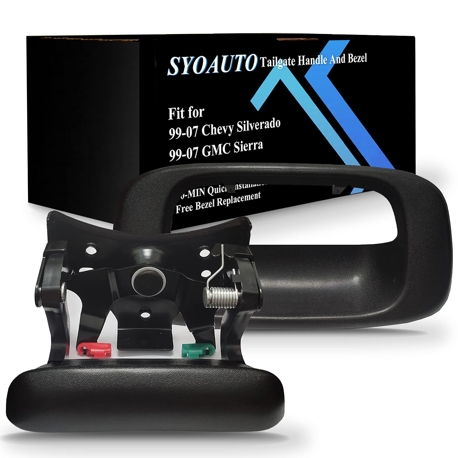 SYOAUTOTailgate Handle Latch and Bezel Trim with Rod Clips Fits for 1999-2007 Chevy Silverado GMC Sierra 1500 2500 3500 Black Textured Replaces# 15997911, 15228539, 15228541, 15228540