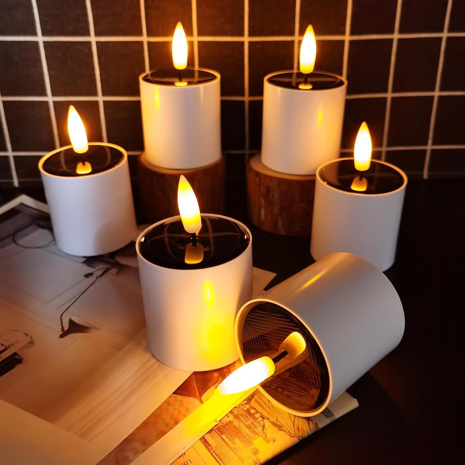 Solar Tea Lights Outdoor Waterproof-6 Pack LED Solar Candles with Dusk to Dawn Sensor & Flickering Flame -Rechargeable Flameless Tealights for Garden Lanterns,Patio,Camping & Home Decor-Warm White