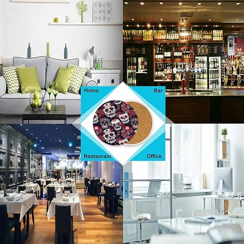 Miniatura 3 de visesunny Posavasos de piedra con estampado de calavera de azúcar y rosas rojas que absorben la humedad con base de corcho para protección de mesa