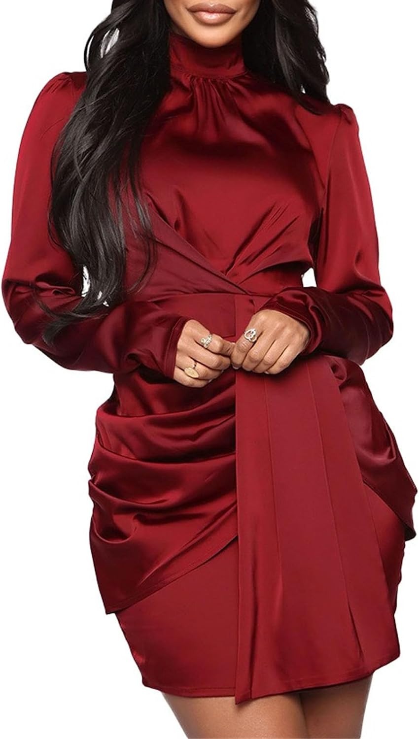 Generic Women'S Mock Neck Dress Elegant Long Sleeve Elastic High Waist Dress Formal Wedding Cocktail Party Maxi Dresses