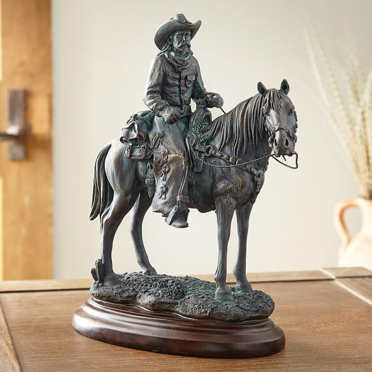 BLACK FOREST DECOR Trailblazerâ€™s Legacy Cowboy on Horse Sculpture, Polyresin, 14" W x 6" D x 12" H