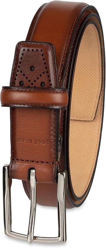 Cole Haan Mens Leather Dress Belt Polished Brown, Tan Or Cognac Strap for Work & Formal Wear