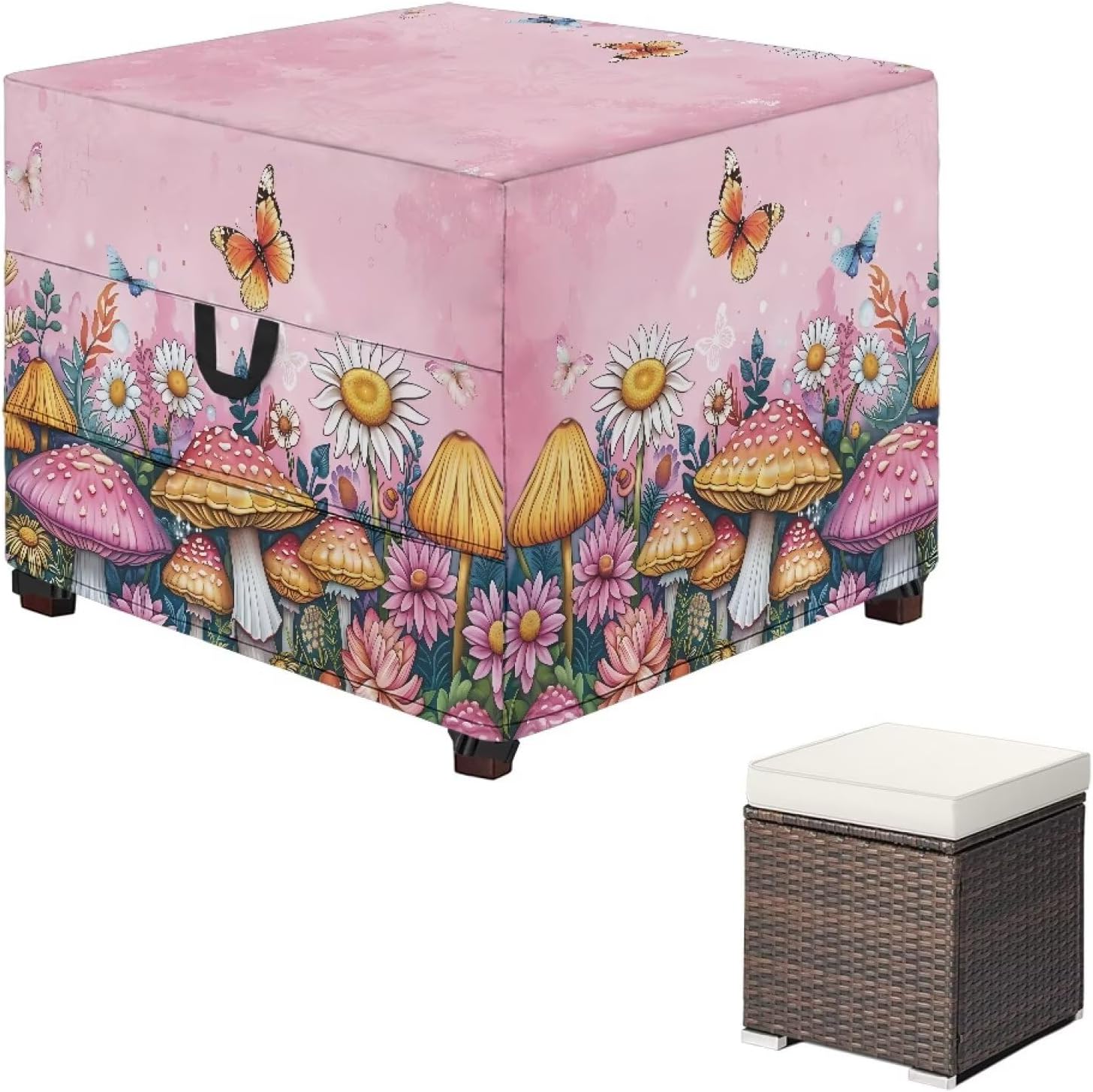 Mushrooms Stretch Outdoor Ottoman Cover Slipcover Folding Storage Stool Furniture Protector Soft Square Patio Ottoman Covers with Elastic Bottom